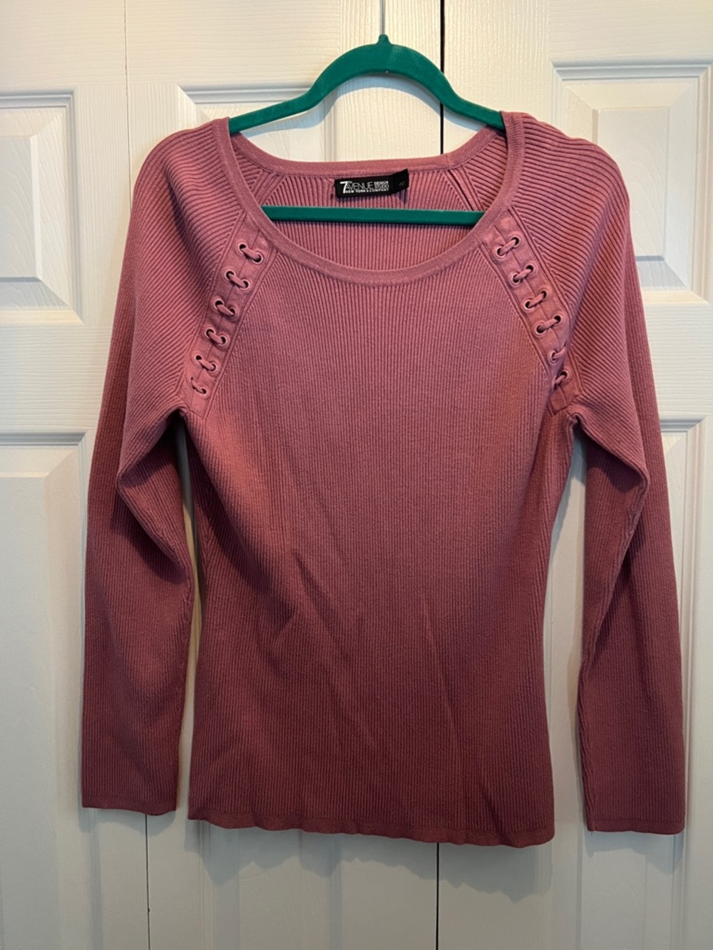 New York & Company Ribbed Lace-Up Shoulder Sweater - Dusty Rose